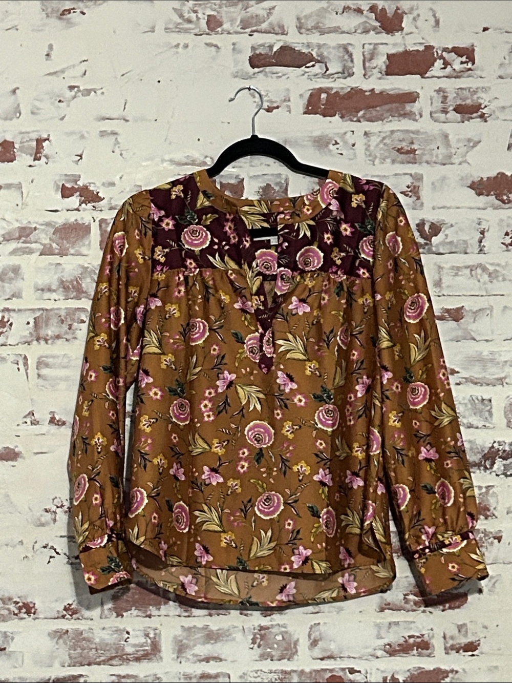 LOFT Coppery Floral Peasant Blouse with Plum Yoke